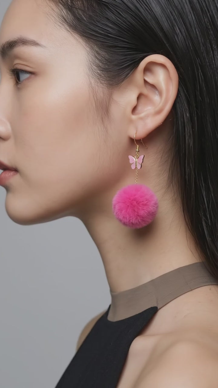 Pom Pom Earrings for Women Trendy Butterfly Puffy Dangle Earrings Faux Fur Ball Fluffy Earrings Rave Earrings Prom earrings Puffy Round Earrings Fun Fairy Earrings for Women