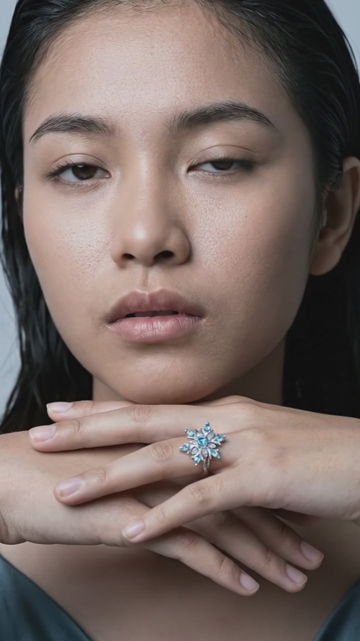 New Fashion Blue Star Zircon Flower Rings