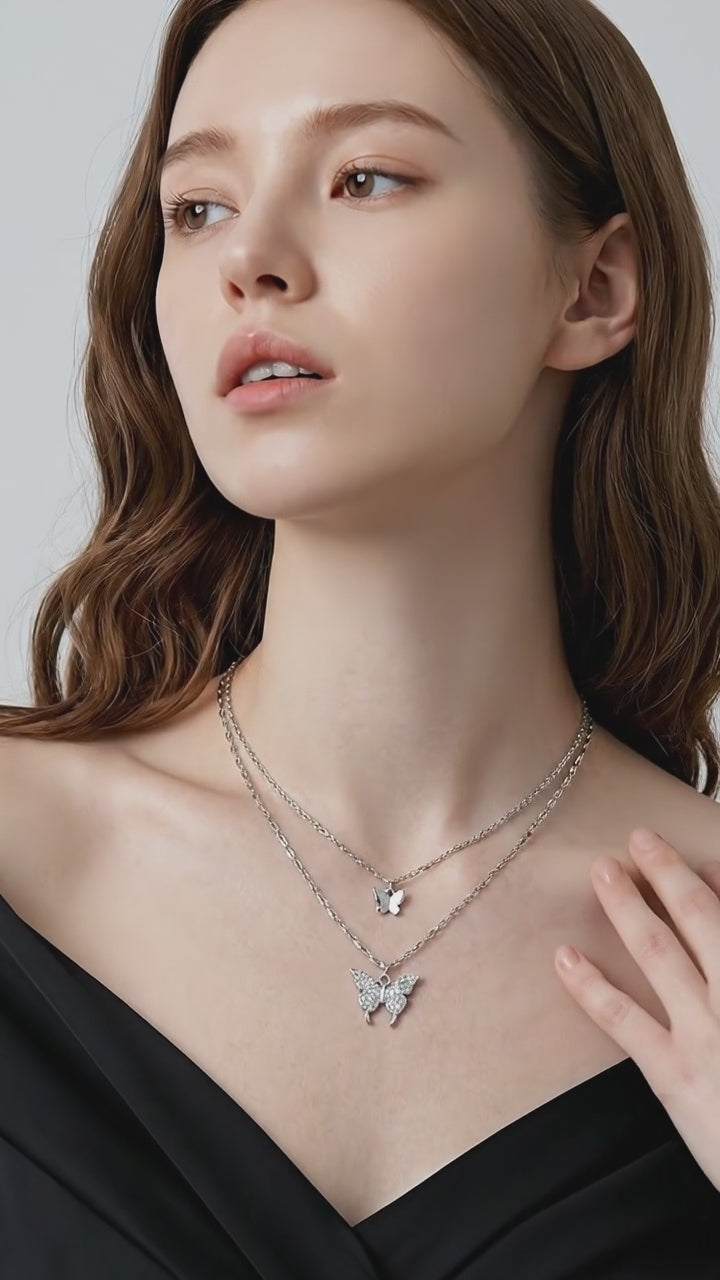 Fashion Jewelry Elegant Silver Color Shiny Butterfly Necklaces Ladies Exquisite Double Layer Clavicle Chain Necklace Jewelry Gift