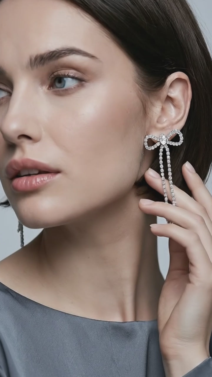 Silver Bow Earrings for Women - Long Silver Earrings for Women Silver Tone Bow Stud Earrings for Women Dangling Earrings for Women Sparkly Dangle Earrings Bow Earrings Silver Statement Earrings