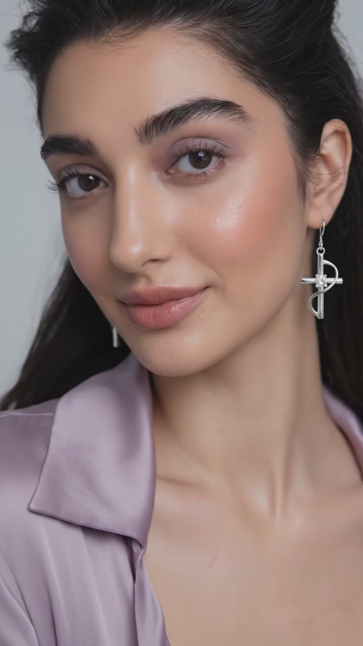 Cross Earrings with Diamonds, Long Drop Earrings